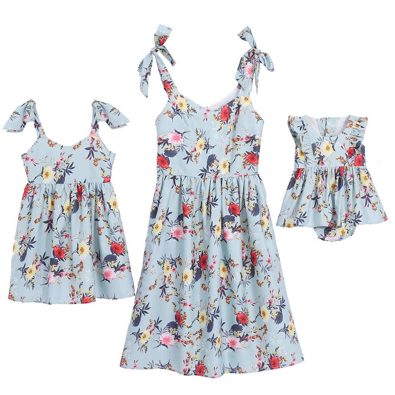 PopReal Mommy and Me Dresses Floral Mom and Daughter Matching Outfits Spaghetti Strap Sleeveless Dress Beach Mini Sundress Light Green 7-8 Years - Image 1